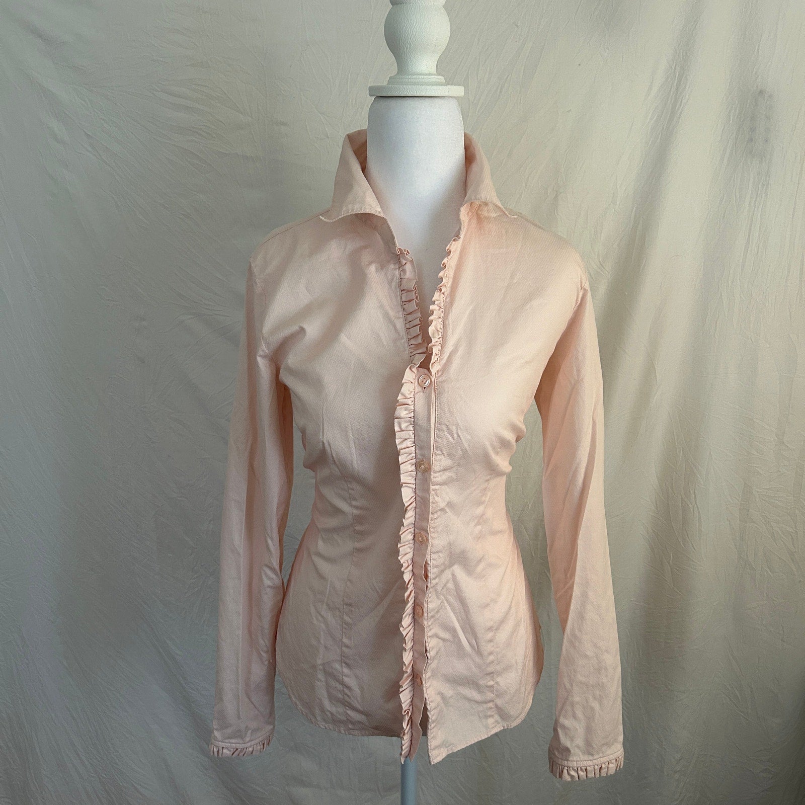 baby pink fitted Ruffled Long Sleeve polo
